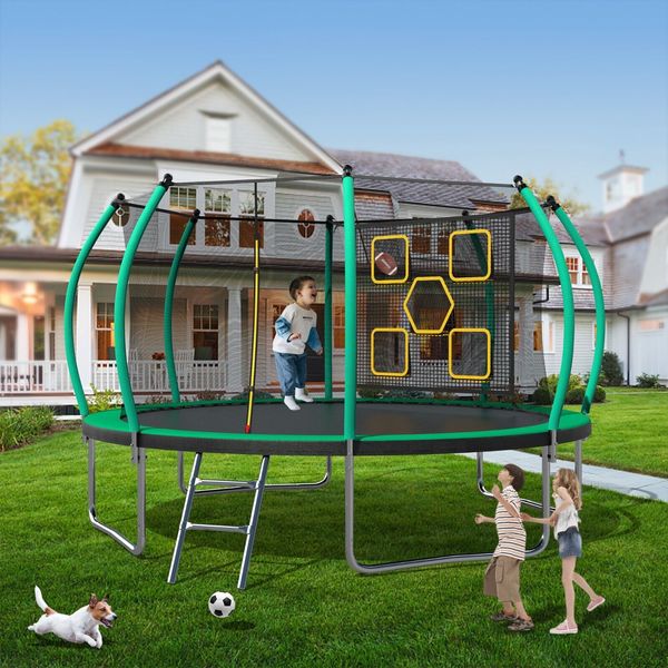 14FT Trampoline with Enclosure & Ladder, Outdoor Trampoline for Kids, Green