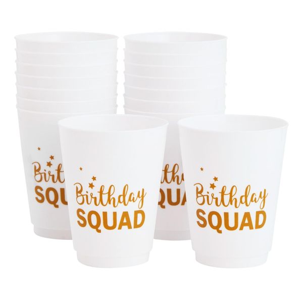 BLUE PANDA 16 Pack Reusable Happy Birthday Party Cups for Women, Birthday Squad Plastic Tumblers for Adults (White, 16 oz)