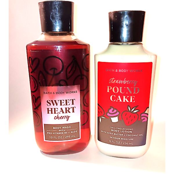 2 Bath & Body Works Sweet Heart Cherry Bodywash & Strawberry Poundcake Lotion