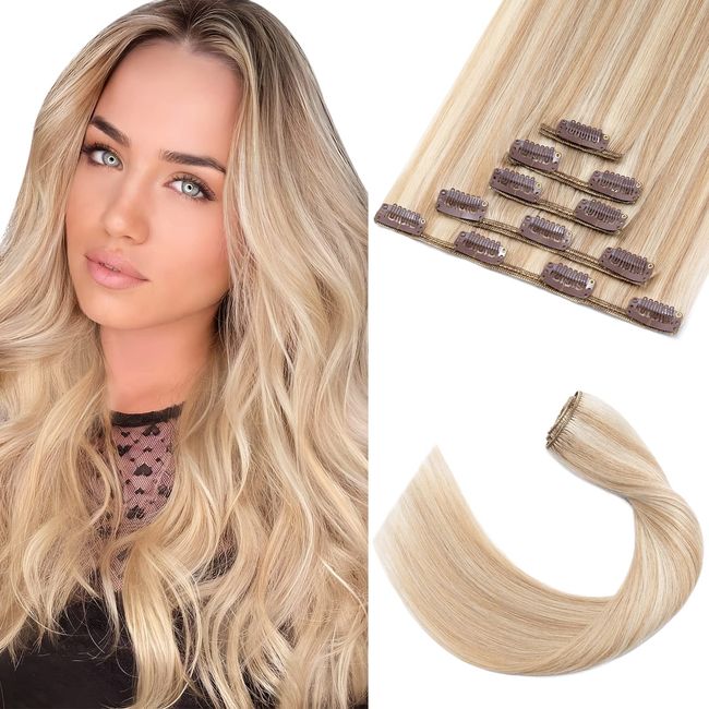 Elailite Haarverlängerung echthaar clip - 5 PCS Extensions Clip in - 12 Clips Clip in Extensions Echthaar - glatt - 24"(60cm75g) #18P613 Aschblond＆Gebleichtes Blond