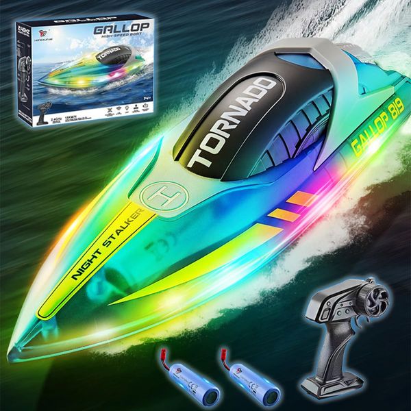 H-SPACE RC Boat with LED Light for Kids, 15KM/H, 2.4G Remote Control Boat with LED Lights, RC Electric Boats for Pools and Lakes, with Rechargable Batteries, Toy for Adults and Kids