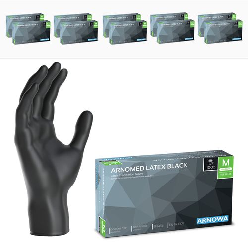1000 x ARNOMED Disposable Gloves M, Latex Gloves Black (Pack of 10 x 100) Disposable Gloves Powder-Free Gloves Latex Disposable Cleaning Gloves Latex Gloves Disposable / Disposable Gloves XS, S, M, L
