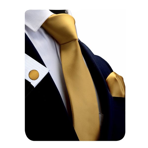 GUSLESON Brand Men's silk Solid Gold Yellow Tie Neckties and Pocket Square Cufflinks Sets (0789-11)