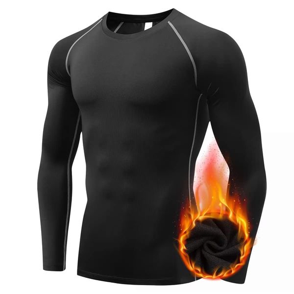 Sillictor Men's Sports Inner, Top, Long Sleeve, For Winter, Fleece-Lined, Stretch, Undershirt, Compression Wear, Thermal Insulation, Sweat Absorbent, Quick Drying, 3235 black (brushed back)