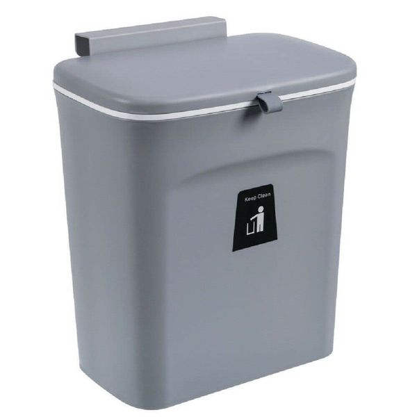 HOCHSTE Wall Mounted Waste Bin Kitchen Cabinet Door Cupboard Hanging Trash Can Lid Cover 7 Liters Grey