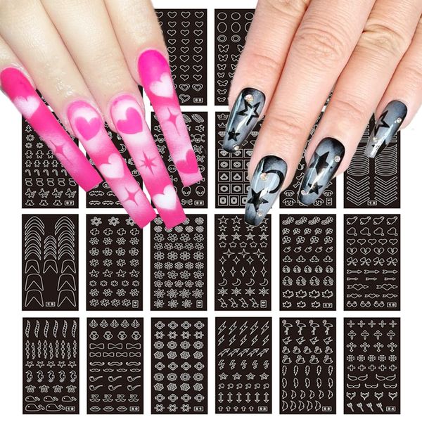 24 Sheets Airbrush Stencils Nail Stickers for Nail Art, French Nail Decals Printing Template Stencil Tool Moon Stars Heart Butterfly French Design Hollow (154 Designs)