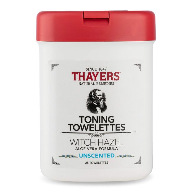 THAYERS Alcohol-Free Witch Hazel Toning Towelettes with Aloe Vera, Unscented, 25 Count