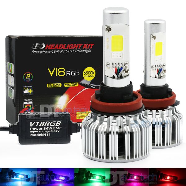H11 High Power LED Headlight Kit+RGB Bluetooth Phone Control 2-in-1