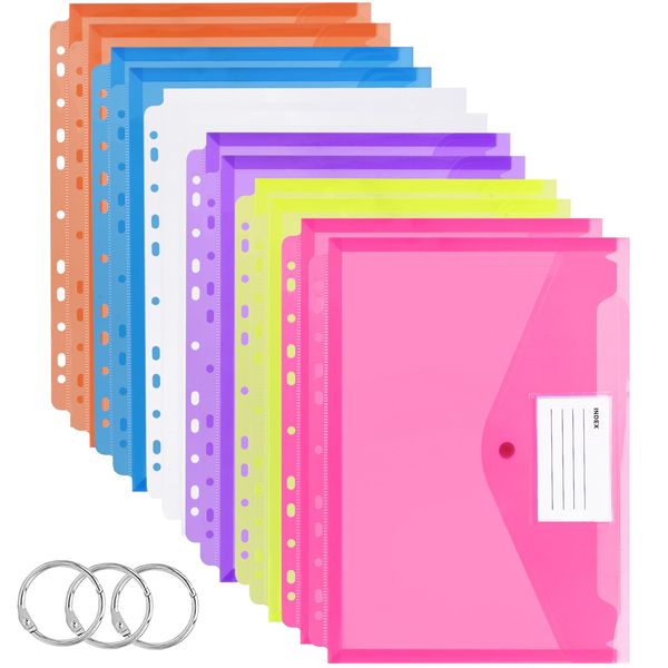 TOOELMON Dokumententasche A4, 12 Stück Transparent Dokumentenmappe A4 zum Abheften, Erweiterbare Wasserdicht Dokumenten Mappen Abheftbar mit Druckknopf und Etikettentasche, 6 Farben