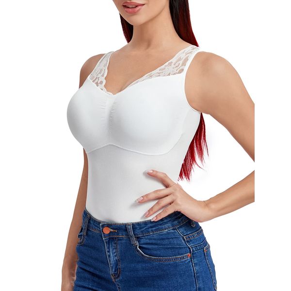 Joyshaper Damen Unterhemd Formende Oberteile Tank Tops Bauchweg Hemdchen Shapewear Spitze Westenoberteil Vests Body Shaper Shaping Hemd Schlank Bauch Weg Shirts Weiß,L