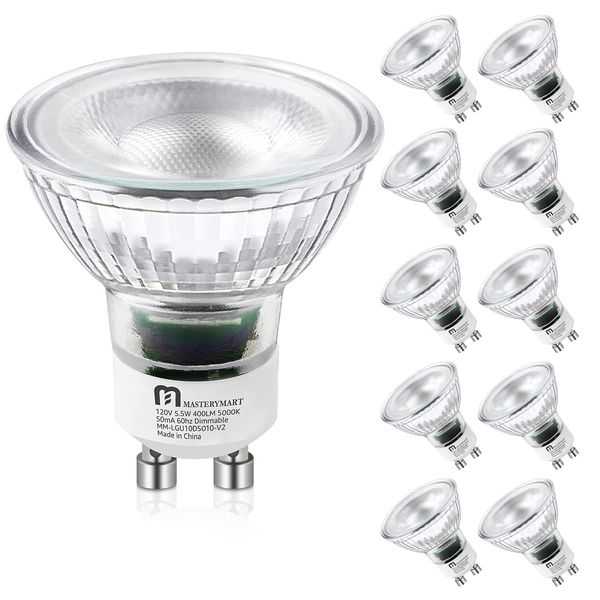 MASTERY MART GU10 LED Light Bulbs, Dimmable 5000K Daylight White 5.5W (50 Watt Equivalent), Full Glass Cover Reflector, 25000 Hours, UL Listed, Energy Star Certified (Pack of 10)