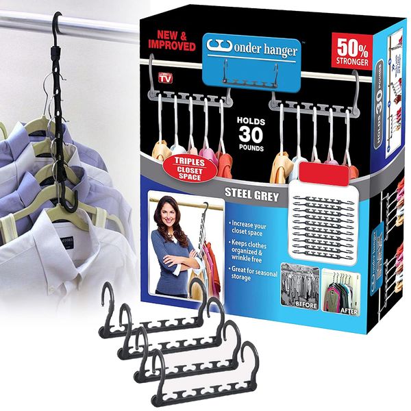 20 24 Pcs Space Saving Saver Magic Clothes Black Hangers Organiser Hook (24)