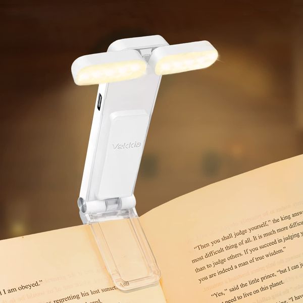 Vekkia 10 LED USB Rechargeable Book Light for Reading in Bed, Portable Clip-on LED Reading Light, Bookmark Lamp with 3 Colors & 5 Brightness, Perfect for Book Lovers.(White)