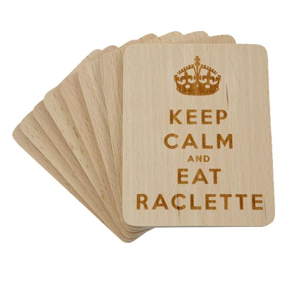 8 Stück Raclette Untersetzer mit Lasergravur "Keep Calm and Eat Raclette" aus Buchenholz, 100x80x7mm