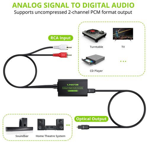LiNKFOR Analog to Digital Audio Converter RCA to Digital Toslink SPDIF Optical Audio Converter with Optical Cable for Turntable CD DVD to Soundbar