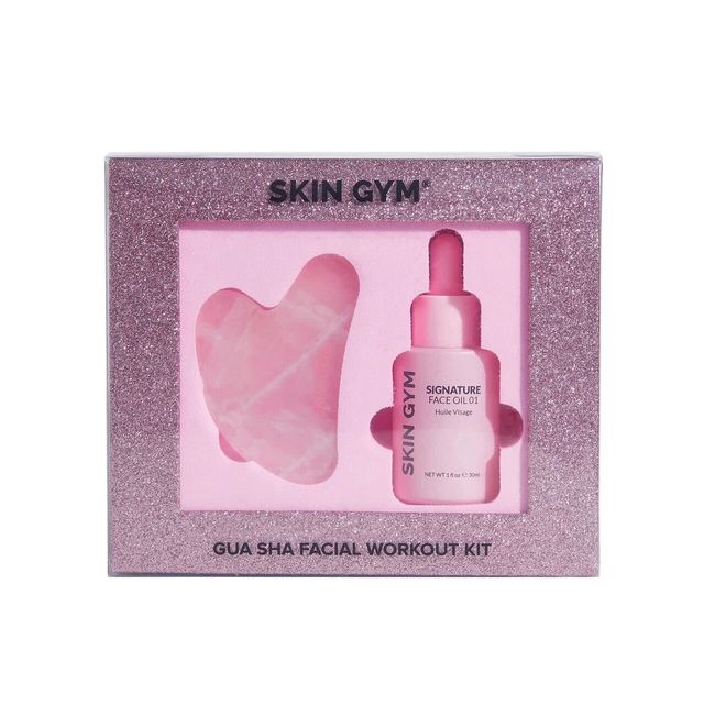 Skin Gym Rose Quartz Gua Sha & Signature Oil Kit | Holiday Radiance Boosting Duo | Facial Contouring & Skin Rejuvenation | All-in-One Exfoliating, Smoothing & Moisturizing Face Oil | AM/PM Compatible