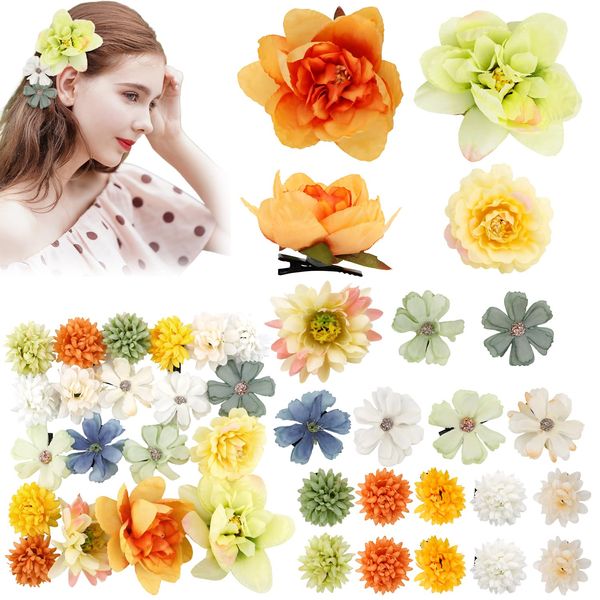 Atoden Bohemian Hawaiian Flower Hair Clips Realistic 20 Pcs Hawaii Boho Clips Artificial Rose Tropical Floral Hair Barrettes Wedding Bridal Hair Accessories for Women Girls Green Yellow Orange