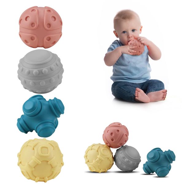 ATKSUNIEE Baby Soft Textured Ball Set,Sensory Ball Toys,Sound&Bath Toys Balls,Suitable for Baby Sensory Exploration Toys Gift Over 6+ Months(4PCS)