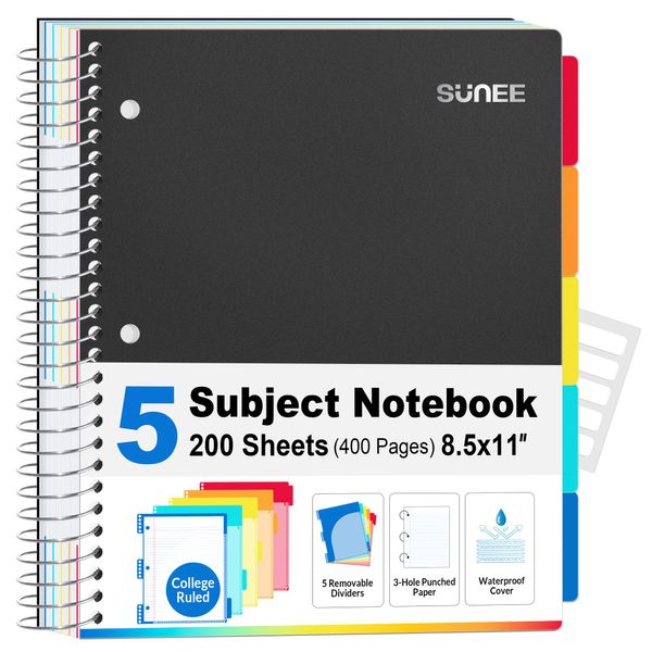 SUNEE 5 Subject Notebook College Ruled - 400 Pages, 8.5"x11", 5 Pocket Colored Dividers, 3-Hole Punched Paper, Black