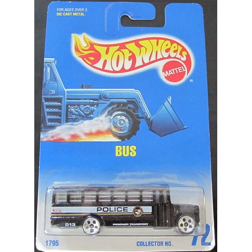 Police Bus, Hot Wheels #72-black,bars on Windows, 5 Dot Wheels on Blue-white Card