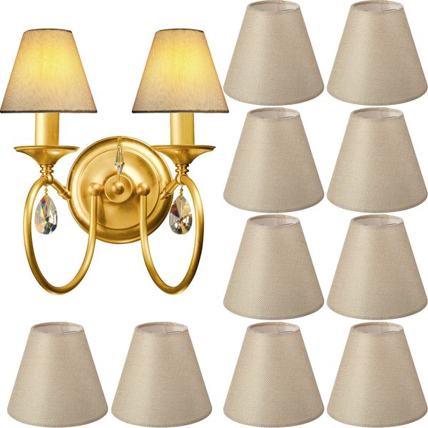 Set of 10 Small Lamp Shade Chandelier Shades Burlap Clip on Lamp Shade 3" x 6" x 5" Rustic Barrel Fabric Lampshade Cover for Table Chandelier Wall Lamp (Beige)