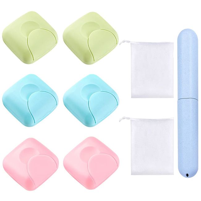 XIACIBDUS 6PCS Travel Soap Container, Soap Dish Holder, Candy Color Soap Bar Case Box with Bubble Net Travel Toothbrush Case for Travel Camping Gym Hiking Outdoor(Small)