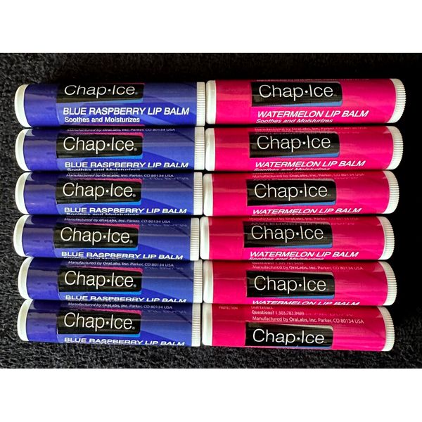 12pk CHAP ICE WATERMELON & BLUE RASPBERRY SOOTHE DRY CHAPPED LIP BALM CHAPSTICK