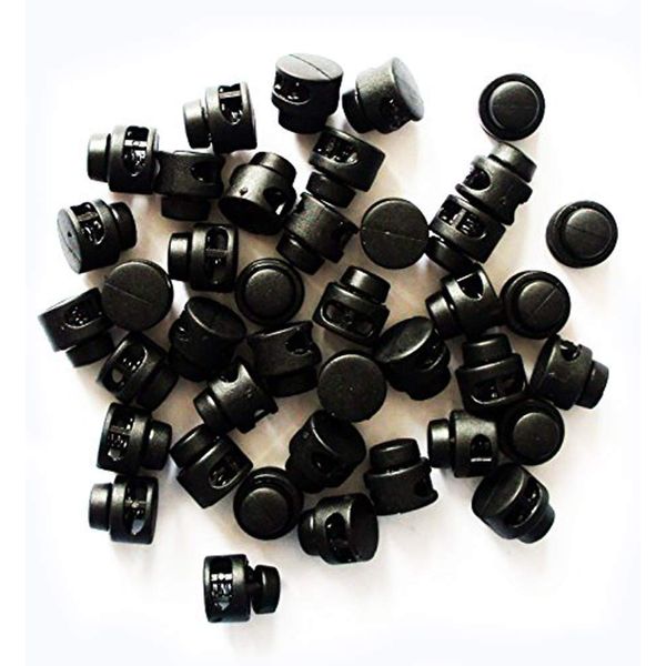 HAND ® Black Plastic Round Toggle Spring Stop Double Hole String Cord Locks - Assorted Sizes (TRB04 14mm - 40 Pcs)