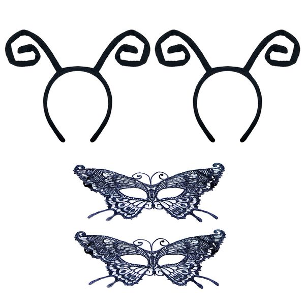 4 Pcs Halloween Butterfly Antenna Headband Lace Mask Black Hair Hoops Masquerade Masks Headpiece Hairband Hair Bands Women Christmas Party Decoration Cosplay Costume Cute Dress Up Hair Accessories