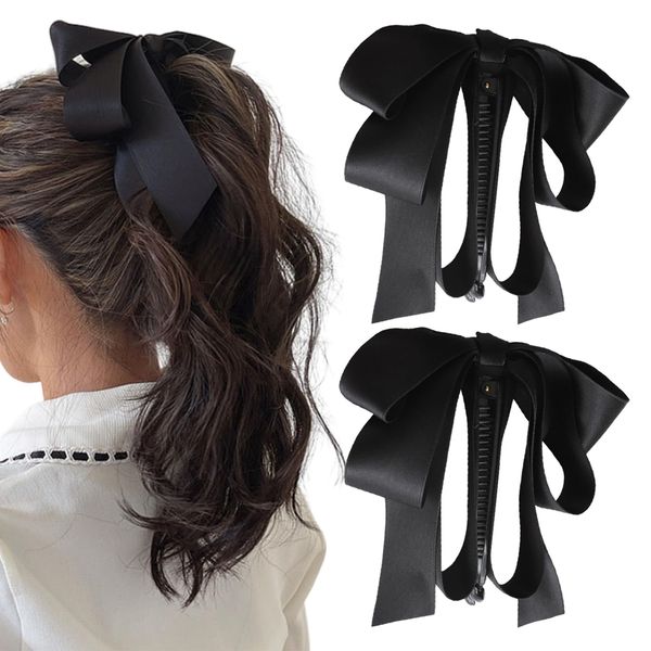 2 PCS Black Bow Banana Hair Clip Ribbon Bowknot Ponytail Claw Clip Sweet Banana Barrette Korean Style Ponytail Holder Hair Decoration for Women