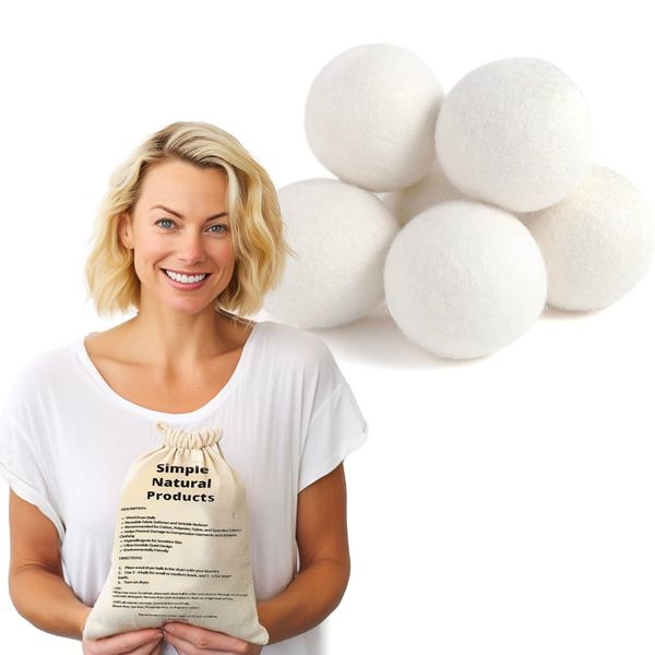 Simple Natural Products Wool Dryer Balls - Fabric Softener and Dryer Sheets for Laundry Supplies – Reusable Wrinkle and Static Guard Wool Balls – Unscented for Sensitive Skin (6 XL Pack)