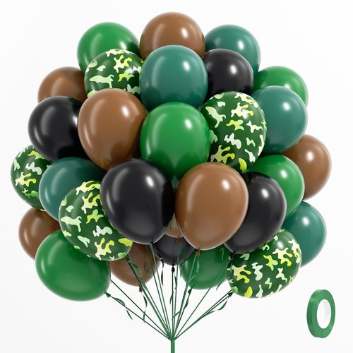 60pcs 12inch Camo Balloons, Green and Brown balloons with Dark Green Black Balloons for Hunting Camping Game Jungle Theme Camo Birthday Party Decorations