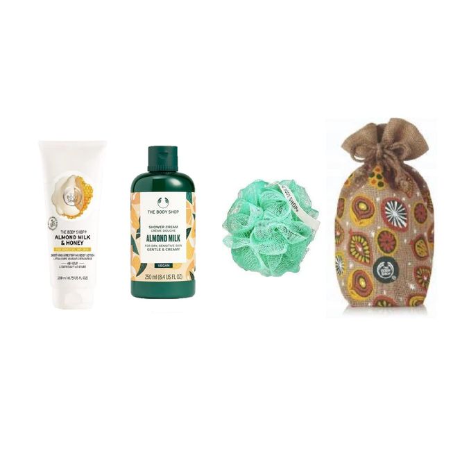 The Body Shop 4 Piece Body Care Set Almond Milk Honey Lotion 200ml Shower Gel 250ml Bath Lily Cotton Printed Pouch Gift Set