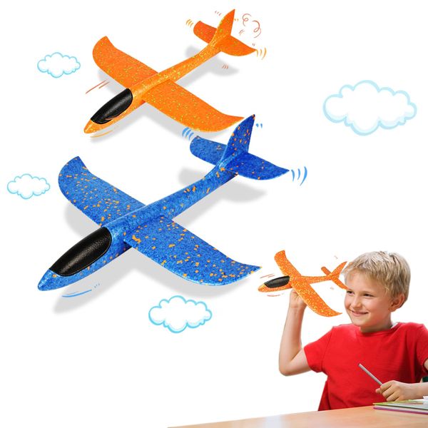 VCOSTORE 2 Pack Foam Airplanes - 13.3" Throwing Foam Glider Plane - 2 Flight Mode Flying Styrofoam Toys Gifts for Kids Boys Girls(Blue&Orange)