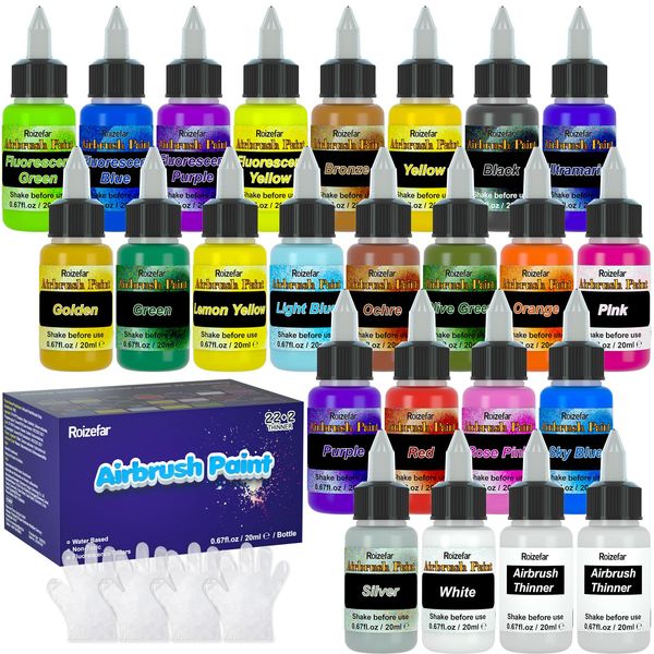 Roizefar Airbrush Paint, Airbrush Paint Kit 22 Acrylic Paints + 2 Airbrush Thinner, Airbrush Set For DIY Projects, Beginners, Water-Based Paint, Opaque & Neon Colours 20ml/Bottle