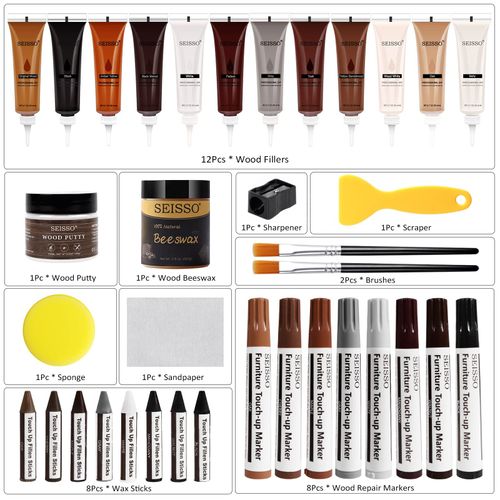 SEISSO Wood Furniture Repair Kit -12 Wood Fillers with Wood Putty and Touch Up Markers Wax Fillers Beeswax for Hole, Scratch, Cracks Cover Wooden Floor Door Surface Repair Restore -Set of 36