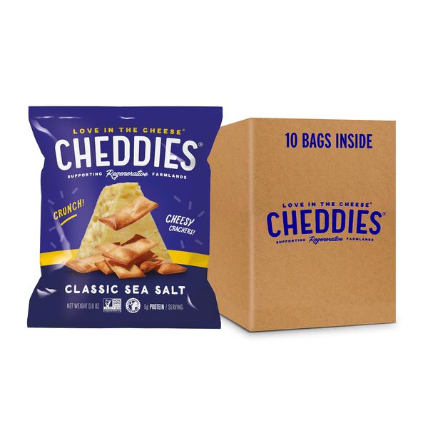 Cheddies Crackers | Healthy Snacks Made with Real Cheddar Cheese and Simple Ingredients | Non-GMO | High Protein | Pre-Portioned Snacks for On The Go | Classic Sea Salt Flavor | 0.8 Ounce (Pack of 10)