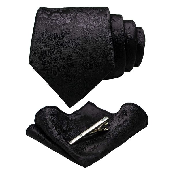 JEMYGINS Silk Black Floral Necktie and Pocket Square, Hankerchief and Tie Bar Clip Sets for Men (9)