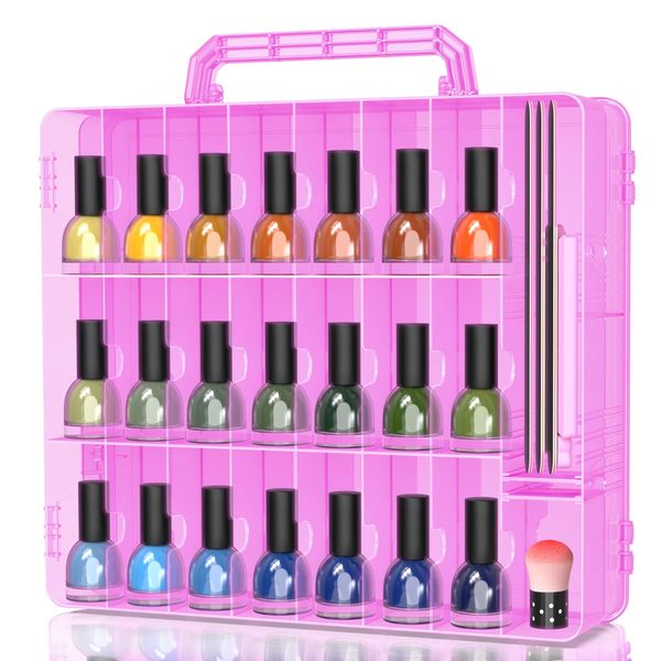 Beloving Nail Polish Organizer Case for 48 Bottles Nail Polish Holder with Adjustable Divider, Gel Nail Polish Storage Double Side Nail Polish Organizer Case for Storage Display, Pink