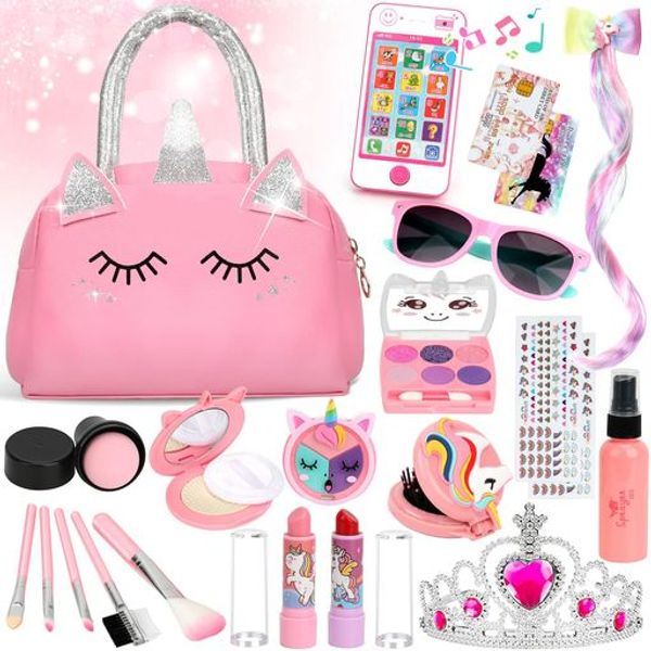 SENDIDA Kids Makeup Set with Makeup Bag and Electronic Mobile Toy for Girls, Makeup Toy with Eyeshadow and Sunglasses, Easy to Store, Kids Makeup, Pretend Play, Birthday, Christmas, Gift, Ages 6 and Up