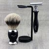 Shaving Set in Black Featuring Silver Tip Badger Brush & DE Safety Razor