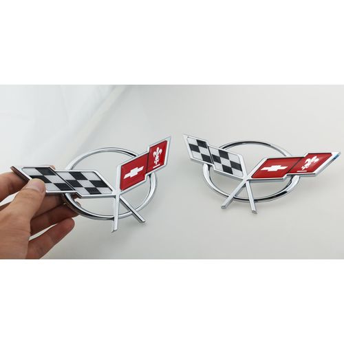 Front Nose & Rear Deck Lid Crossed Flags Emblems Car Badge Nameplate 3D Logo Compatiable with 1997-2004 Corvette C5 19207384 19207385 2Pcs (Pair) (Chrome Red)