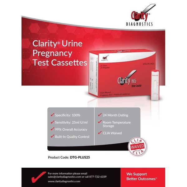 Clarity Diagnostics hCG Pregnancy Test Cassettes, CLIAWAIVED, 25 Per Box