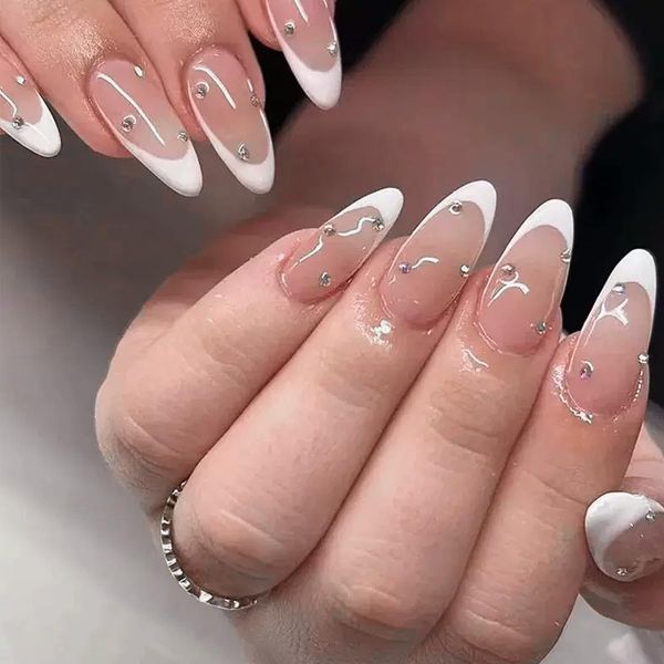 24pcs French Tip False Nails Medium Length Almond Press on Nails White Edge Nude Fake Nails Glue on Nails Rhinestone Stick on Nails Removable Acrylic Nails Women Girls Nail Art Accessories