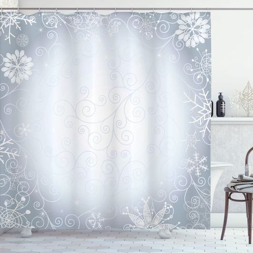 Ambesonne Ombre Shower Curtain, Christmas Theme Gentle Frame with Curls Swirls Snowflakes Lace Inspired Motif, Cloth Fabric Bathroom Decor Set with Hooks, 69" W x 70" L, Pale Blue Coconut