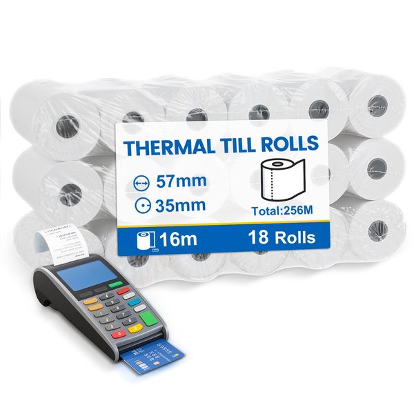 (18 Rollen) Kassenrollen 57mm Thermo - Thermopapier 57mm x 12mmx 16m, thermopapier rolle Kompatibel mit den meisten Druckrechnern und Registrierkassen - Ersatz-Papierrollen, Kassenrollen