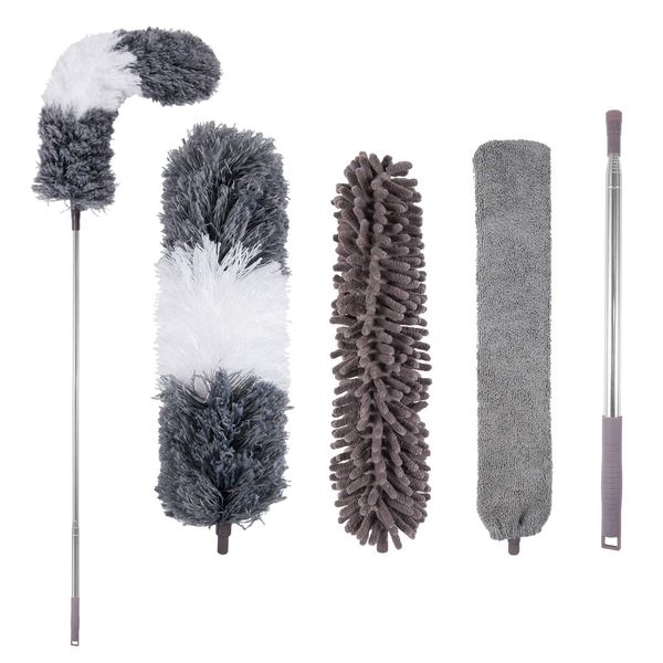 Microfiber Duster, 4PCS with Extension Pole(Stainless Steel) 30 to 100 Inches, Reusable Bendable Dusters, Washable Lightweight Dusters for Cleaning Ceiling Fan, High Ceiling, Blinds, Furniture, Cars