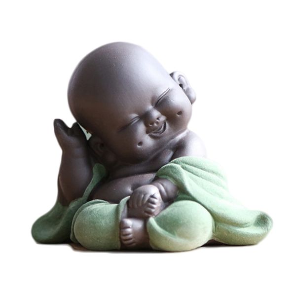 Qikuver Laughing Maitreya Buddha, Ceramic Buddha Statue Ornament Tea Sculpture Little Monk Decor Tea Set for Home Office Car Decors Gift Crafts and Arts (Green)