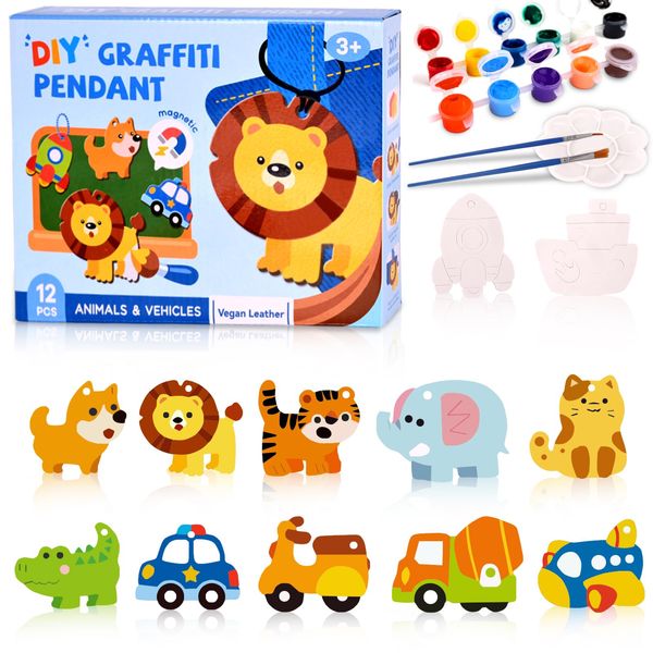 Magnetic Mini Tile Art-DIY Craft Kits for Kids,Fridge magnet painting kit for kids Ages 4-8,Soft Leather Fridge Magnets Craft Paint Set Animals & Vehicles,Party Favors for Kids 8-12