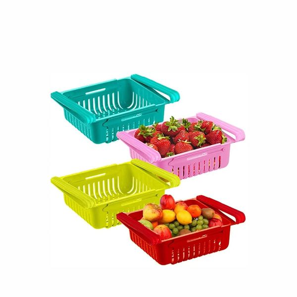 SUL Fridge Drawer Organisers, Plastic Kitchen Pull-Out Retractable Drawer Organizer, Stretchable and Space Saving Storage Shelf Organiser for Fruits, Kitchen Worktop, etc. – (4 Pack - Multicolour)